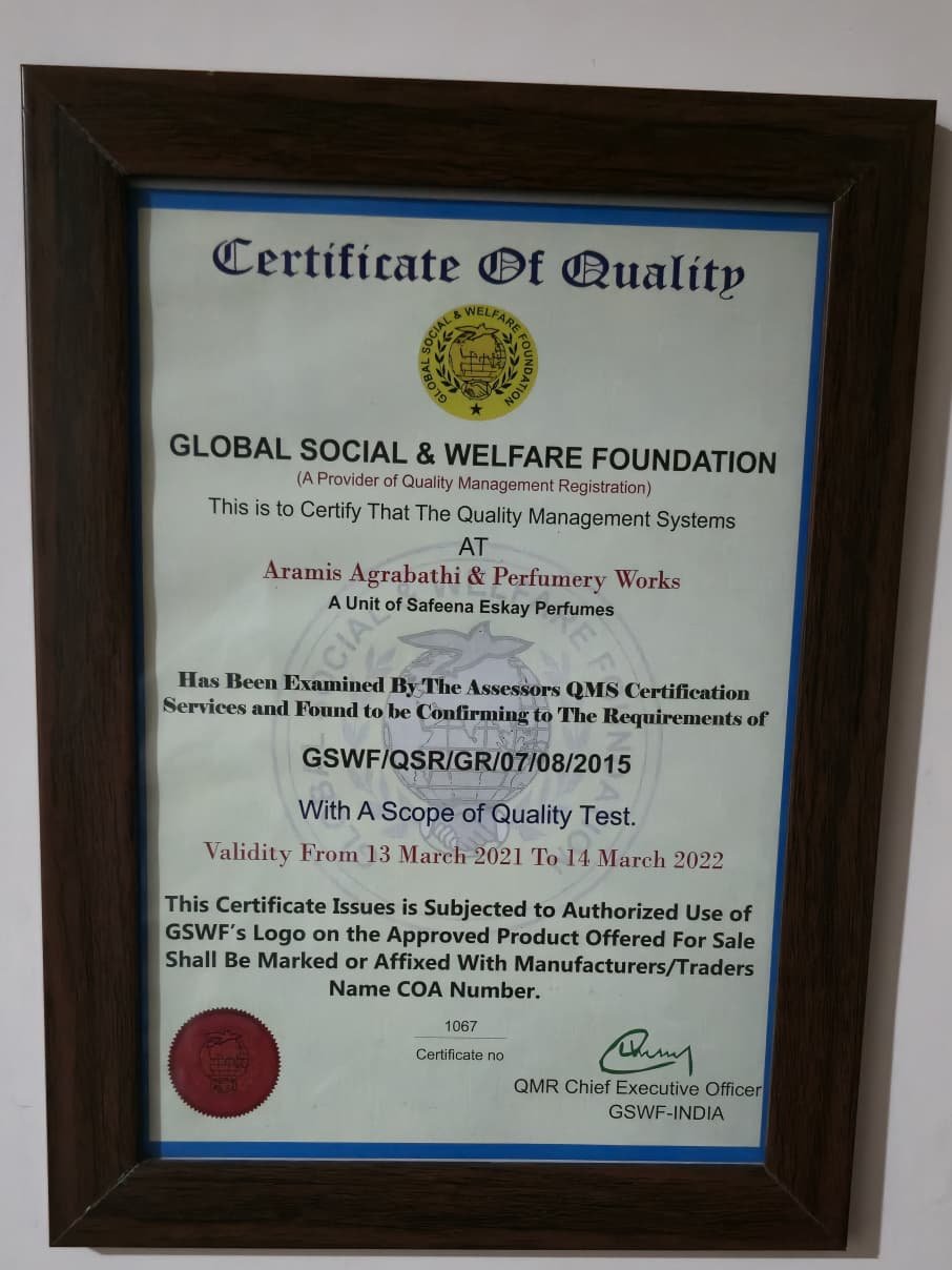 Global Social & Welfare Foundation – Certificate of Quality Aramis Agrabathi & Perfumery Works