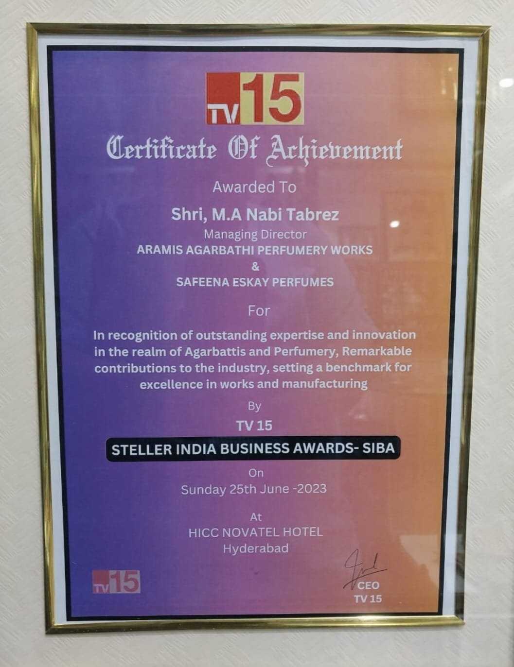 TV 15 – Stellar India Business Awards Certificate of Achievement – M.A Nabi Tabrez